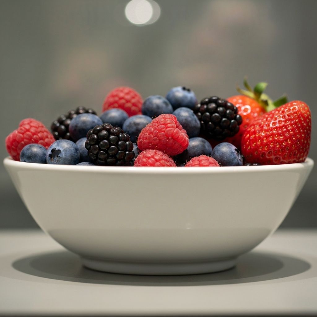 Свеже бобичасто воће у чинији, природна аранжма мирна позадина