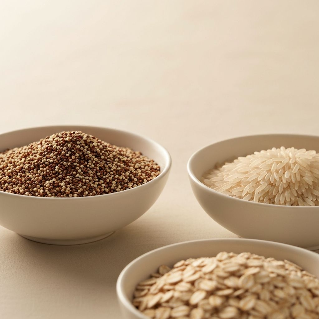 Целозрна квиноа пиринач овас у чинијама, природне текстуре и топла светлост