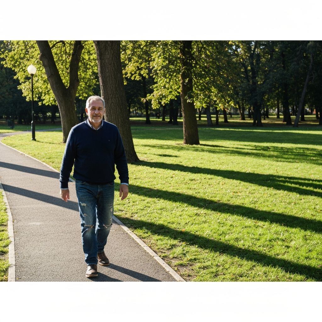 Зрела одрасла особа која хода кроз паркуског путању, мирна природна светлост